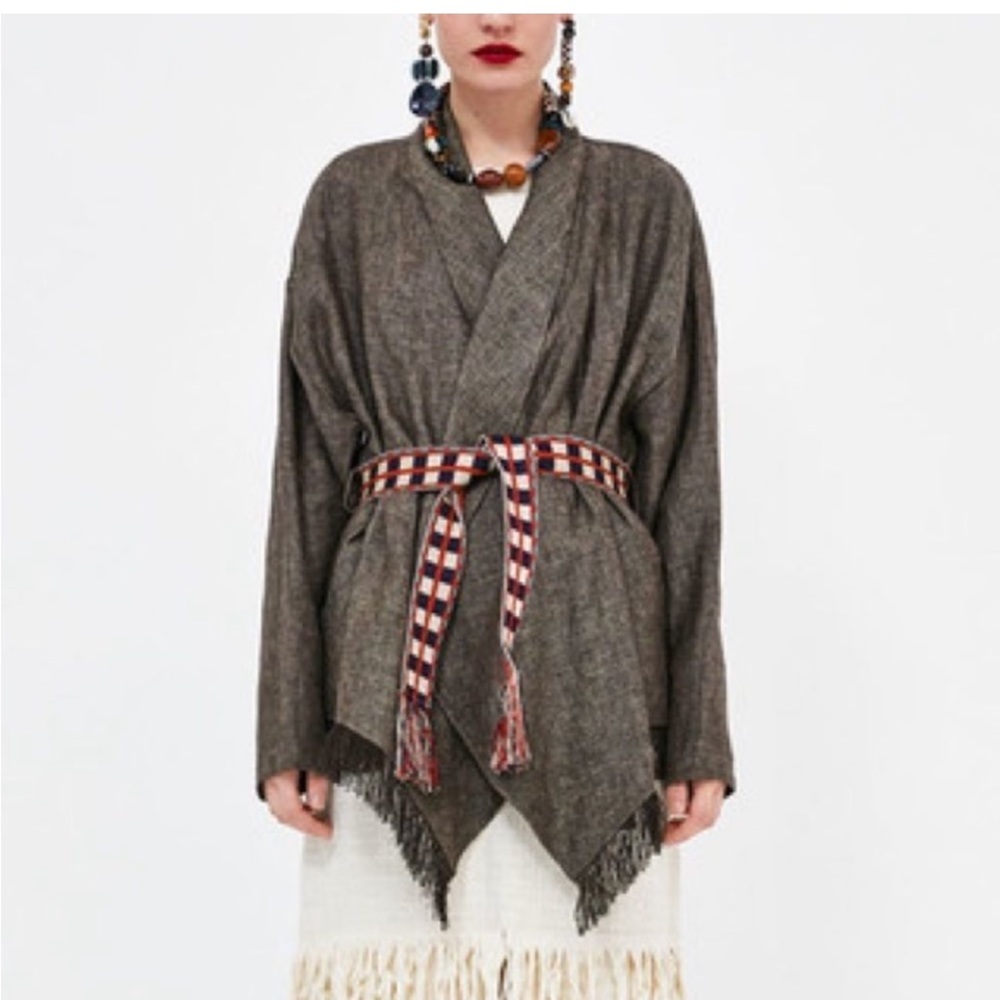 Zara 100% linen fringe pocketed open front kimono cardigan - Picture 1 of 8